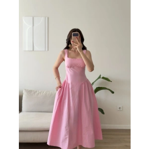 Poplin Kare Yaka Prenses Elbise - PEMBE