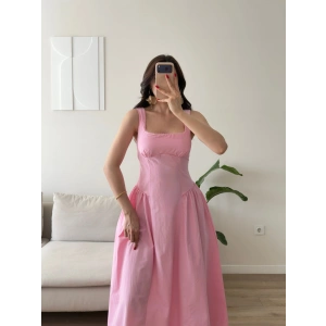 Poplin Kare Yaka Prenses Elbise - PEMBE