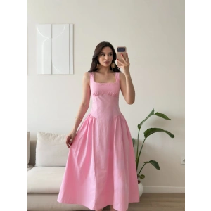 Poplin Kare Yaka Prenses Elbise - PEMBE