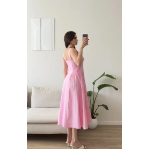 Poplin Kare Yaka Prenses Elbise - PEMBE