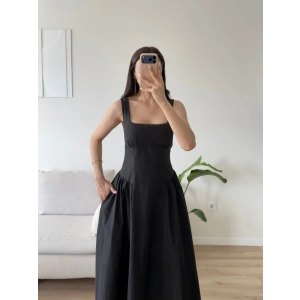 Poplin Kare Yaka Prenses Elbise - SİYAH