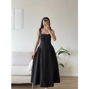 Poplin Kare Yaka Prenses Elbise - SİYAH