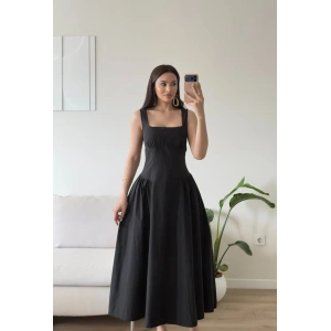 Poplin Kare Yaka Prenses Elbise - SİYAH