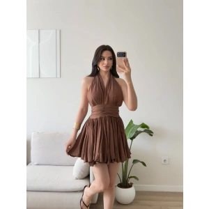 Premium Boyundan Bağlamalı Elbise - KAHVE