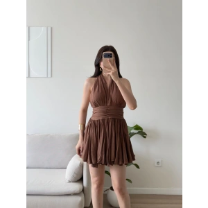 Premium Boyundan Bağlamalı Elbise - KAHVE