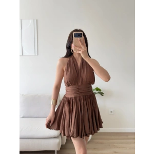 Premium Boyundan Bağlamalı Elbise - KAHVE