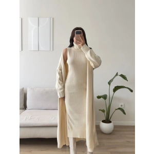 Premium Hırkalı Triko Elbise Takım - BEJ