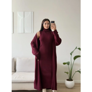 Premium Hırkalı Triko Elbise Takım - BORDO