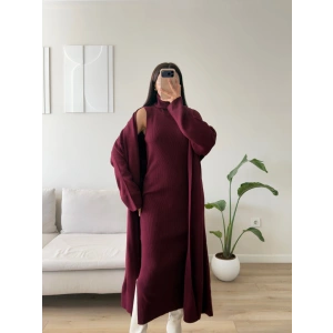 Premium Hırkalı Triko Elbise Takım - BORDO