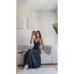 Puantiyeli Askılı Elbise - SİYAH