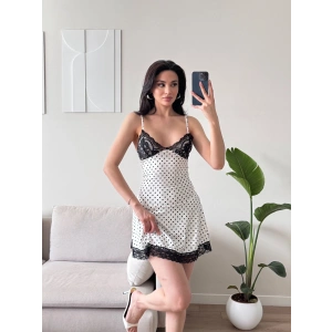 Puantiyeli Dantel Detay Elbise - BEYAZ