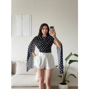 Puantiyeli Drapeli Pelerin Bodysuit - SİYAH