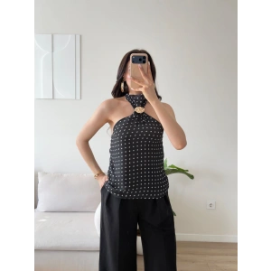Puantiyeli Halter Aksesuar Bluz - SİYAH
