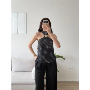 Puantiyeli Halter Aksesuar Bluz - SİYAH