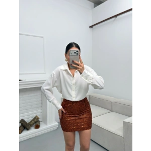 Pul Payet Etekli Gömlek Elbise - BEYAZ