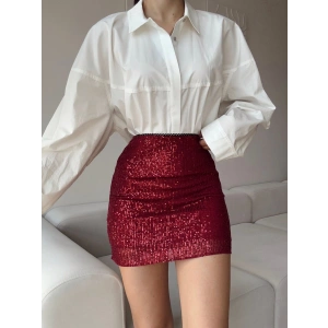 Pul Payetli Astarlı Mini Etek - KIRMIZI