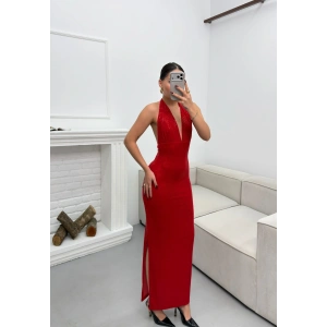 Pul Payetli Boyun Bağlamalı Elbise - KIRMIZI