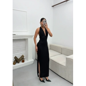 Pul Payetli Boyun Bağlamalı Elbise - SİYAH