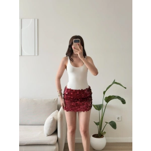 Pul Payetli Mini Etek - BORDO