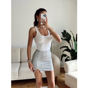 Pul Payetli Yırtmaçlı Mini Etek - GÜMÜŞ