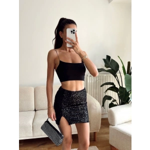 Pul Payetli Yırtmaçlı Mini Etek - SİYAH