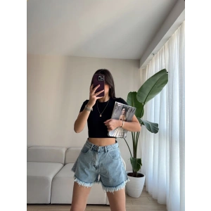 Püsküllü Kot Şort-MAVİ