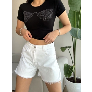 Püsküllü Kot Şort-BEYAZ