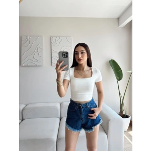 Püsküllü Kot Şort - KOYU MAVİ