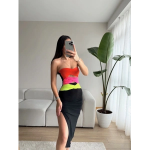 Rainbow Göbek Dekolte Straplez Elbise