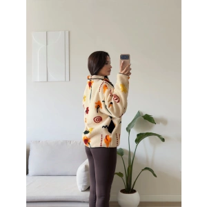 Retro Peluş Fermuar Sweat - PAPATYA DESEN