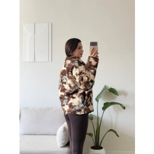 Retro Peluş Fermuar Sweat - KAHVE DESEN