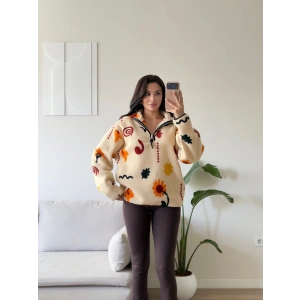 Retro Peluş Fermuar Sweat - PAPATYA DESEN