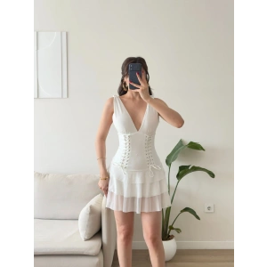 Rosalie Korse Detaylı Katlı Mini Elbise - BEYAZ