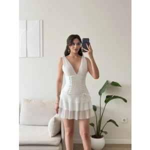 Rosalie Korse Detaylı Katlı Mini Elbise - BEYAZ