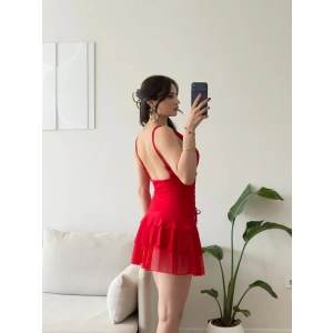 Rosalie Korse Detaylı Katlı Mini Elbise - KIRMIZI
