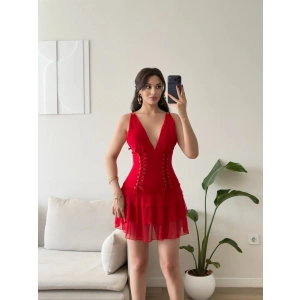 Rosalie Korse Detaylı Katlı Mini Elbise - KIRMIZI