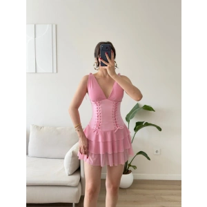 Rosalie Korse Detaylı Katlı Mini Elbise - PEMBE