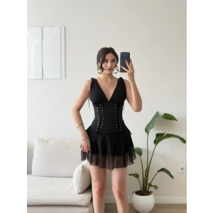 Rosalie Korse Detaylı Katlı Mini Elbise - SİYAH