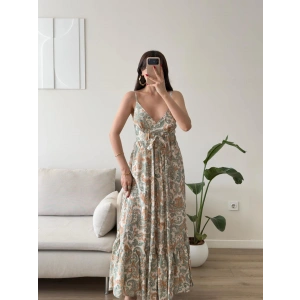 Şal Desen Askılı Maxi Elbise - HAKİ