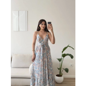 Şal Desen Askılı Maxi Elbise - MAVİ