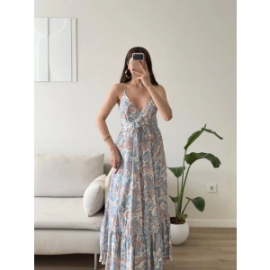 Şal Desen Askılı Maxi Elbise - MAVİ