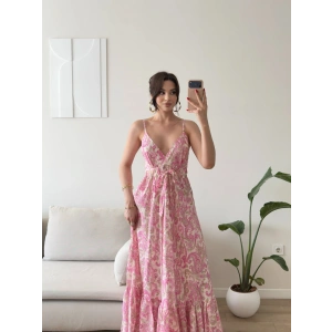Şal Desen Askılı Maxi Elbise - PEMBE