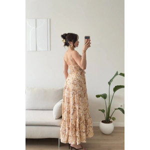 Şal Desen Askılı Maxi Elbise - SARI