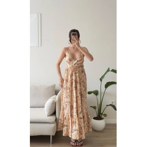 Şal Desen Askılı Maxi Elbise - SARI