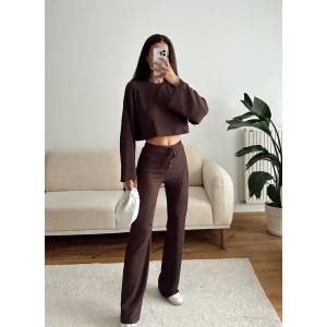 Salaş Crop & Pantolon Takım - KAHVE