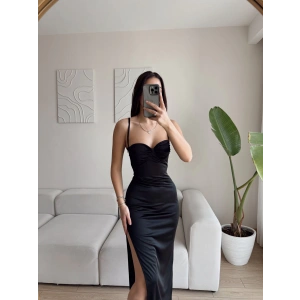 Saten Derin Yırtmaç Elbise - SİYAH