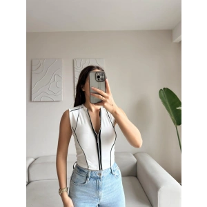 Şerit Fermuar Crop - BEYAZ