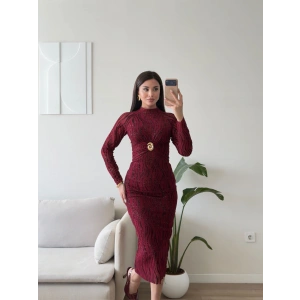 Simli Aksesuar Detay Long Elbise - BORDO