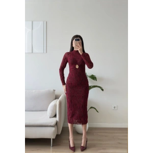 Simli Aksesuar Detay Long Elbise - BORDO