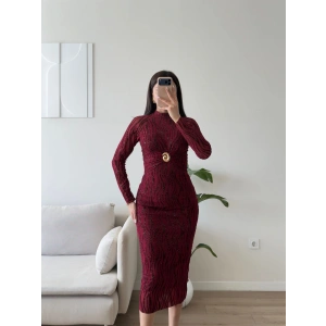 Simli Aksesuar Detay Long Elbise - BORDO